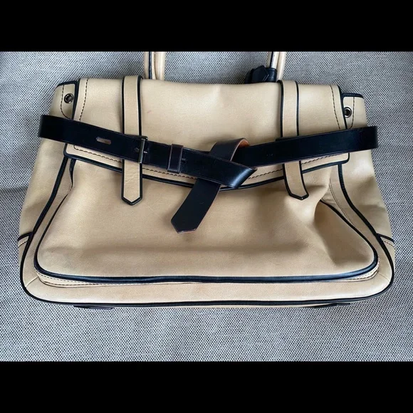 REED KRAKOFF Beige with Black Trimmed Leather "Boxer" Tote Bag. - Picture 2 of 16